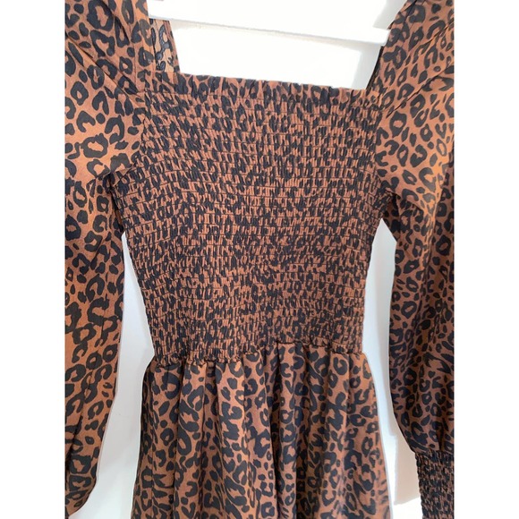 BP. Nordstrom shirred ruffled mini leopard square neck cute summer dress 0044 - Picture 2 of 9
